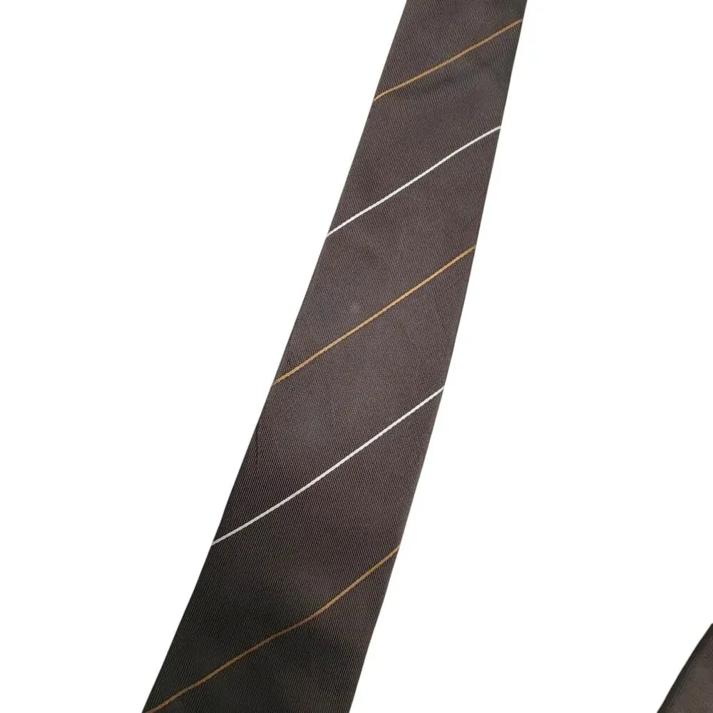 BOSS Hugo Boss Mens Tie Brown White Gold Striped Silk Made in Italy